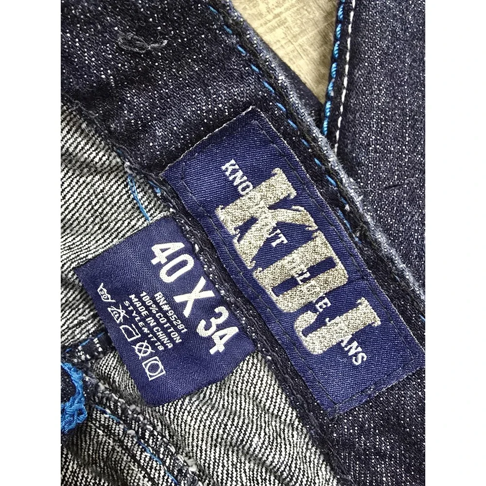 KDJ Knockout Deluxe Jeans Mens 40x34 Dark Wash Studded Embroidered Fleur De Lis